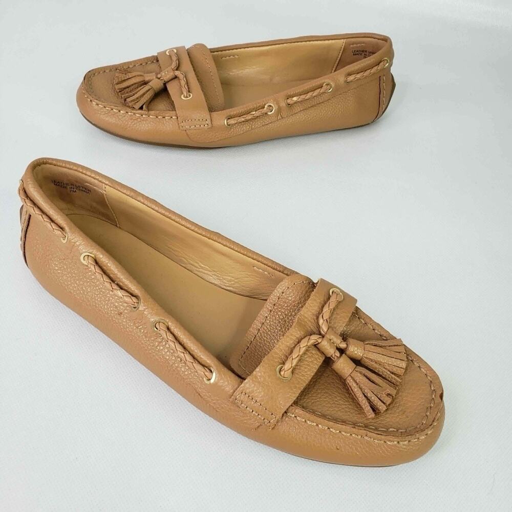 Talbots Everson Braid Driving Moccasin Brown Tan Pebbled Leather Size 7